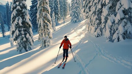 Man Ski Touring Through a Snowy Forest on a Sunny Winter Day, Enjoying the Backcountry and Pristine Powder, Surrounded by Snow Covered Trees - Powered by Adobe