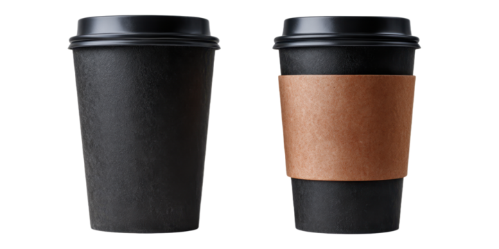Black Disposable Coffee Cup with Lid and Sleeve on Transparent - Powered by Adobe