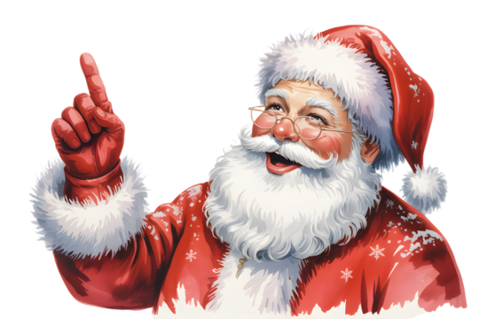 Smiling santa claus pointing up, christmas illustration