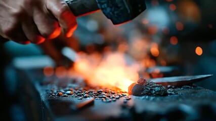 Blacksmith forging red-hot steel, hammer rhythm, sparks flying, realism, traditional craft, heat, strength, mastery, with copy space