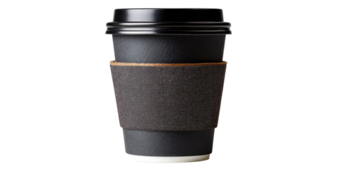 Black paper coffee cup with holder isolated on transparent background
