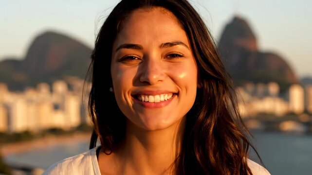 Charming Woman Smiling with Breathtaking Rio de Janeiro Backdrop,Radiant Brazilian Beauty Smiling with City Skyline View, Portrait of a Smiling Woman