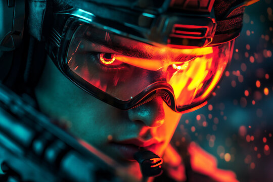 Cyberpunk person experiencing futuristic VR world with neon goggles reflecting apocalyptic vision, Generative AI