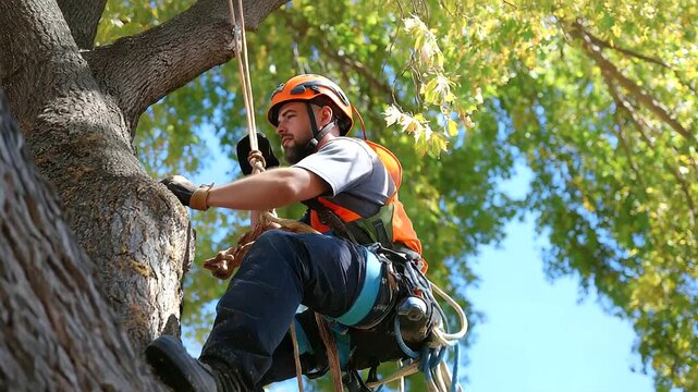 Arborist ascending rope, inspecting canopy, precise cuts, realism, forestry, climbing, safety, certified skill, with copy space