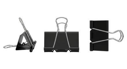 Binder Clip Trio Black Metal Clamps for Office Paperwork Organization Essential Stationery on on transparent background