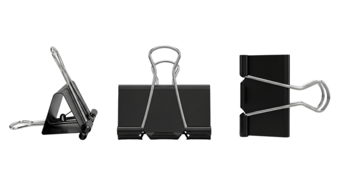 Binder Clip Trio Black Metal Clamps for Office Paperwork Organization Essential Stationery on on transparent background