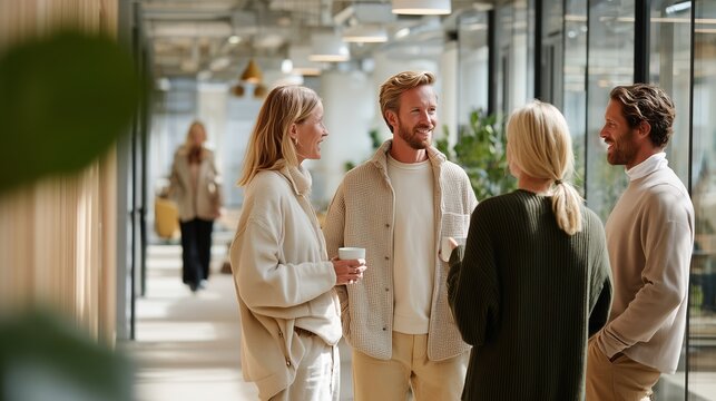 Professionals networking in a modern office space during a casual conference