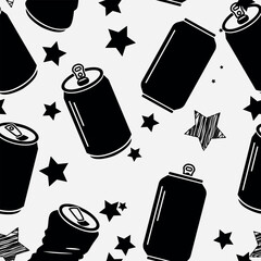 A whimsical vector seamless pattern featuring stylized tin bottles and small, scattered stars against a white background. This design is perfect for product packaging, or fun, custom wrapping paper.