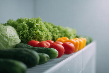 minimalist refrigerator filled with variety of fresh vegetables featuring ar blurred white text bars