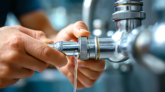 Plumber sequence tightening fittings, testing flow, wiping area, realism, finish, quality assurance, cleanup, professionalism, with copy space