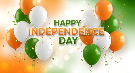 Happy independence day text with balloons in indian flag colors orange, white, and green, celebrating national pride and freedom