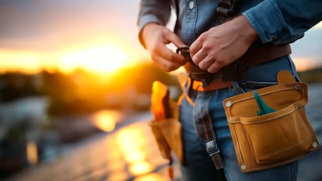 Roofer tying harness and loading shingles on pickup before heading to site, realism, safety gear, PPE, construction, prep, early morning light, with copy space