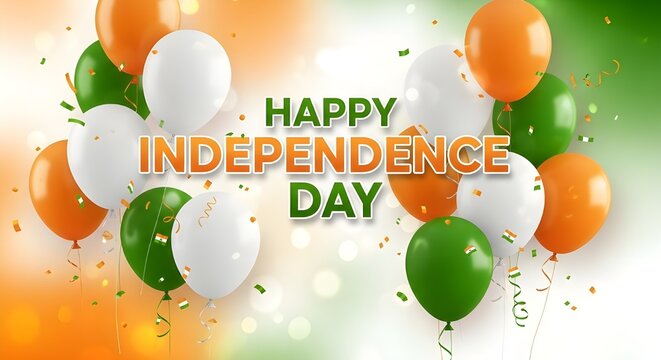 Happy independence day text with balloons in indian flag colors orange, white, and green, celebrating national pride and freedom
