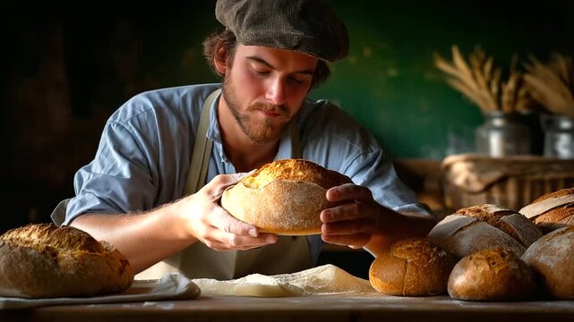 Baker weighing dough pieces, bench rest, shaping loaves, realism, early shift, artisan bread, routine, craft, with copy space