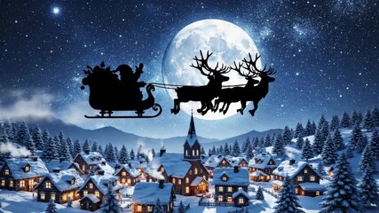 Santa claus in a flying sleigh with reindeer over a snowy winter village at night for christmas and new year background. - Powered by Adobe