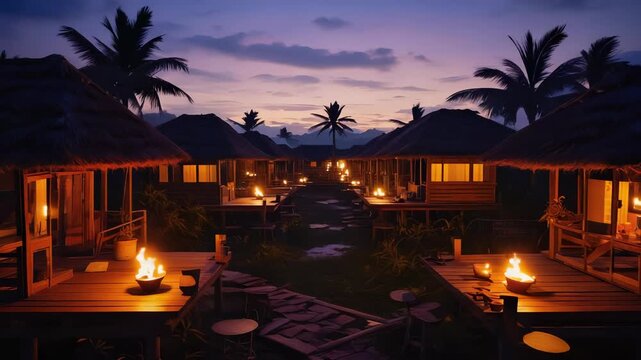 Tropical Resort at Dusk: Elevated Bungalows with Thatched Roofs, Lit by Fire Bowls and Interior Lights, Palm Trees Silhouetted Against a Purple Sky