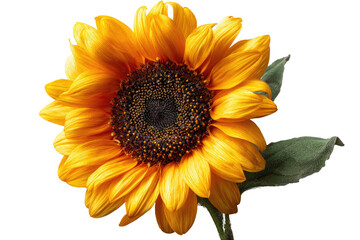 Obraz premium Close-up of a vibrant sunflower against a black background. Its petals are a rich golden yellow, radiating outward from a dark brown central disc. Green leaves are visible at the stem