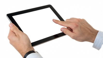 Male hands holding a digital tablet with a blank screen cut out on PNG. AI GENERATED.