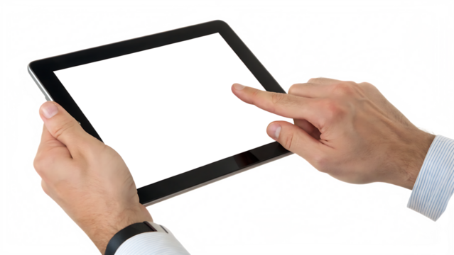 Male hands holding a digital tablet with a blank screen cut out on PNG. AI GENERATED.
