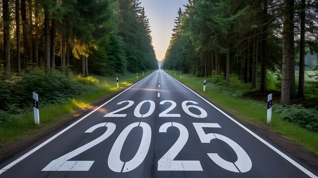 2025 to 2026 new year road concept with long forest highway symbolizing progress and future journey