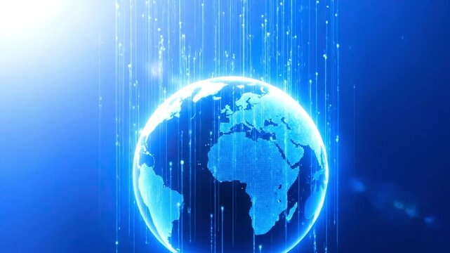 High-speed digital data transfer visualized globally. A glowing wireframe Earth sphere covered in binary code radiates powerful connections, symbolizing worldwide technology, big data, and advanced co