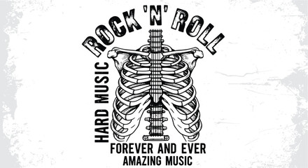 Illustration of rock n roll skeleton rib cage with hard music forever and ever amazing music is a cool design for music lovers and musicians