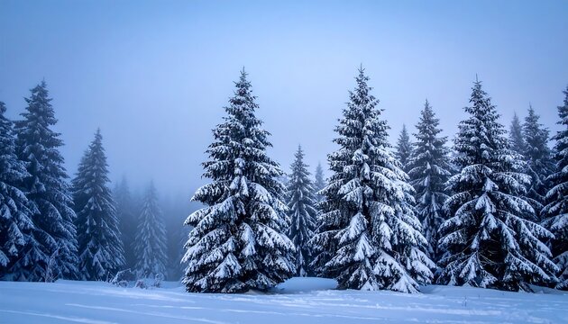 Snowy evergreen trees stand against a blue foggy sky in a winter landscape with a snowy foreground