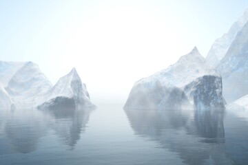 Icebergs. Glacier in the sea, ice and sunset, 3D rendering