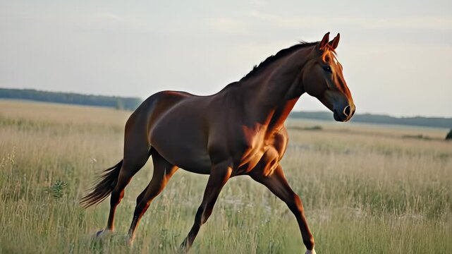 Majestic Chestnut Horse Galloping Freely Across a Golden Meadow at Sunset, Symbolizing Freedom, Power, and Natural Beauty