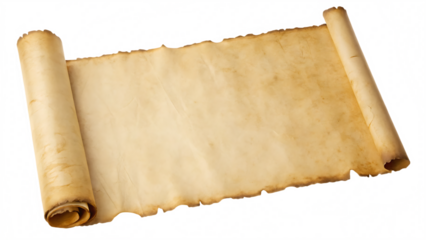Vintage blank unrolled parchment scroll with tattered edges cut out on PNG. AI GENERATED.
