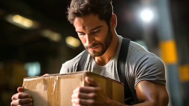Emphasize strength mover lifting heavy box with correct form, back brace, realism, ergonomics, safety, warehouse job, with copy space