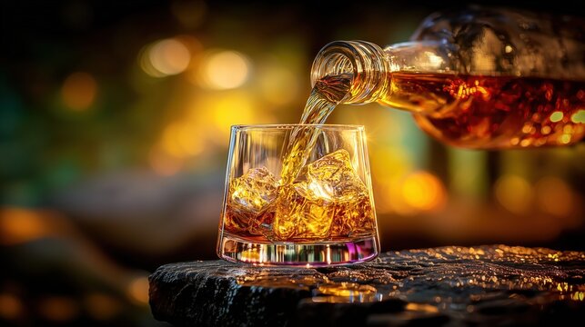 Someone pouring rich-textured whisky into a glass. 