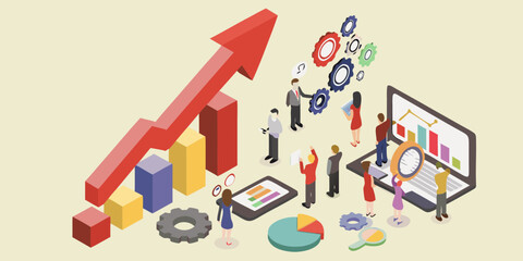 Business team analyzing growth charts and data with gears and magnifying glass on a light background