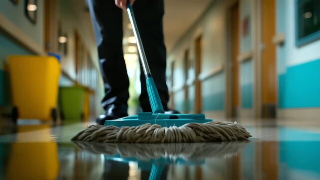 End of day janitor mopping last corridor, reflection on floor, realism, invisible labor, pride, cleanliness, dedication, with copy space