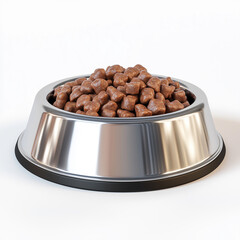 A Realistic 3D Rendering of a Gleaming Stainless Steel Dog Bowl Filled with Moist Wet Food, Perfectly Positioned on a Contemporary Kitchen Floor with Soft Lighting and a Cozy Atmosphere