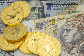 Złote monety na tle polskich i amerykańskich banknotów
