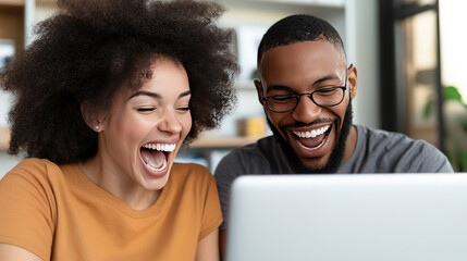 Happy emotional positive young family couple woman man looking at computer screen, celebrating online lottery giveaway feeling overjoyed together at home, internet success concept.