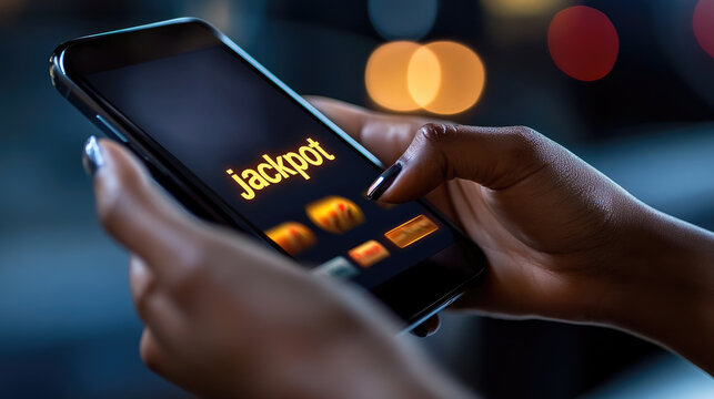 hands holding smartphone with lottery app, glowing "jackpot" notification, vibrant background, copy space - Powered by Adobe