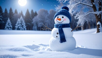 Obraz premium alegre muñeco de nieve con gorro y bufanda azules, sonriendo bajo la luz suave de la luna. Está de pie en una tranquila noche de invierno, rodeado de nieve fresca y árboles cubiertos de escarcha.