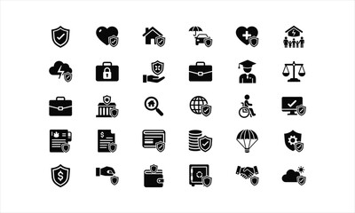 Comprehensive set of modern insurance and protection icons for business and personal security needs, visually representing safety and trust.