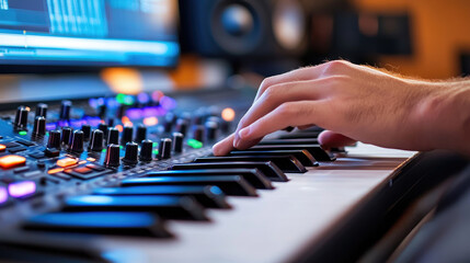 music producer mixing tracks in modern studio for vibrant sound creation, professional audio production, copy space