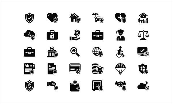 Comprehensive set of modern insurance and protection icons for business and personal security needs, visually representing safety and trust.
