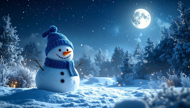 alegre mu&ntilde;eco de nieve con gorro y bufanda azules, sonriendo bajo la luz suave de la luna. Est&aacute; de pie en una tranquila noche de invierno, rodeado de nieve fresca y &aacute;rboles cubiertos de escarcha.