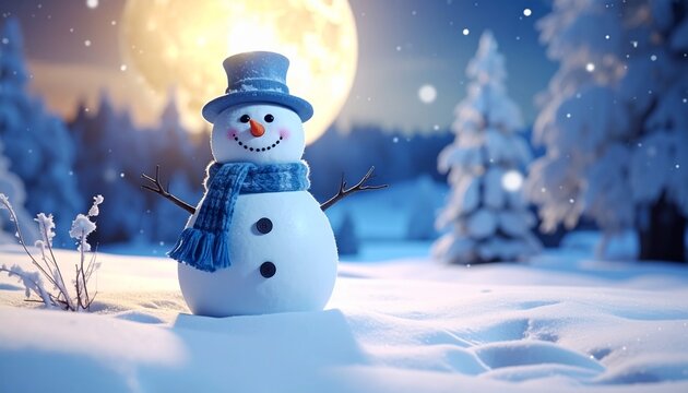 alegre mu&ntilde;eco de nieve con gorro y bufanda azules, sonriendo bajo la luz suave de la luna. Est&aacute; de pie en una tranquila noche de invierno, rodeado de nieve fresca y &aacute;rboles cubiertos de escarcha.