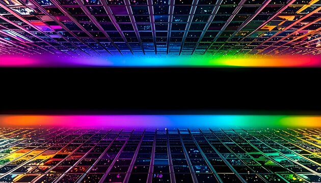 A perspective grid pattern with rainbow gradients and a black void - Powered by Adobe