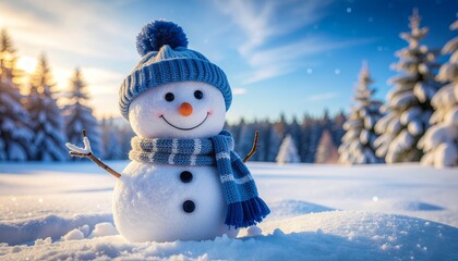 Obraz premium alegre muñeco de nieve con gorro y bufanda azules, sonriendo bajo la luz suave de la luna. Está de pie en una tranquila noche de invierno, rodeado de nieve fresca y árboles cubiertos de escarcha.