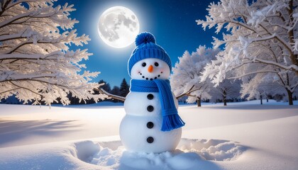 Obraz premium alegre muñeco de nieve con gorro y bufanda azules, sonriendo bajo la luz suave de la luna. Está de pie en una tranquila noche de invierno, rodeado de nieve fresca y árboles cubiertos de escarcha.