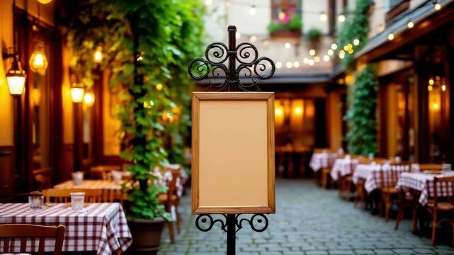 A blank menu board stands in a cozy restaurant courtyard. The setting features wooden tables with checkered tablecloths and warm lighting from hanging bulbs.