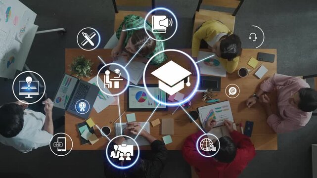 Online education icons show e-learning, online education classes, and digital study. Online education enables global online education access, flexible learning. Funnel - Powered by Adobe