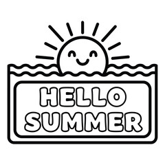 Cute cartoon sun peeking over wavy water above a sign saying hello summer perfect for summer greetings and designs